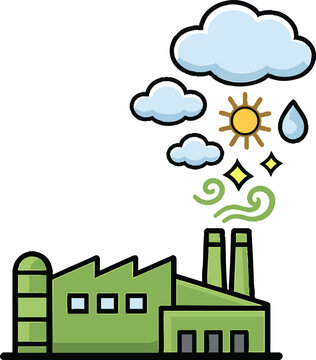 Colorful cartoon illustration of green factory with pollution and weat