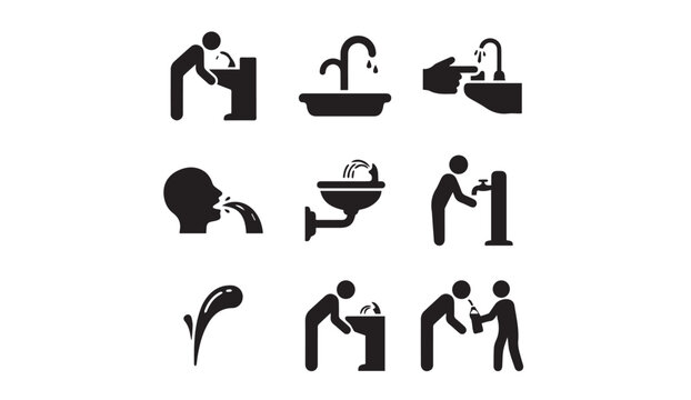 Drinking water fountain and faucet icons for public health and hygiene