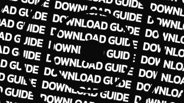 Rotating circular text animation displaying download guide phrase arranged in concentric motion with central empty space for overlay content.