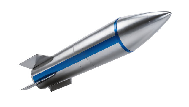 Sleek silver rocket with a bold blue stripe and three stabilizing fins, isolated on transparent background for space exploration