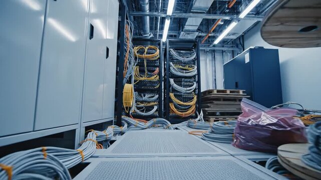 Workers organizing industrial cables and wires in a technology room