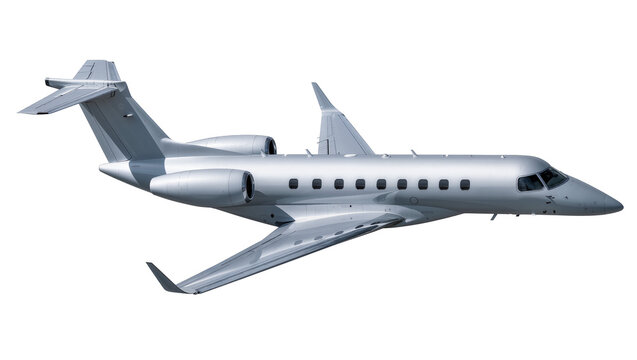 Sleek silver private jet aircraft, isolated on transparent background for luxury flights