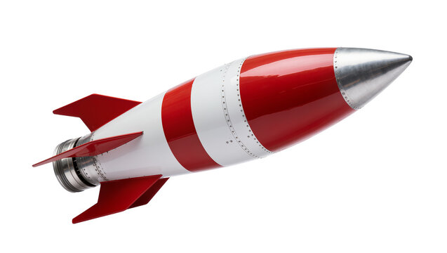Red and white striped toy rocket with silver nose cone and fins, isolated on transparent background for creative projects