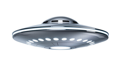 Grey metallic UFO with bright glowing lights, isolated on transparent background © Dan
