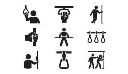 Passengers holding onto bus and train handles icons set © MstMili