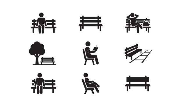 People sitting on park benches and resting icons set
