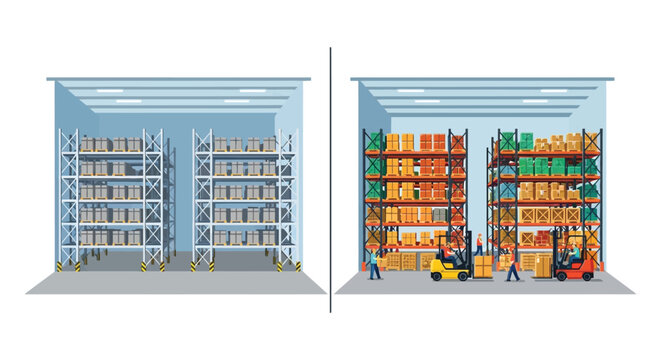 A comparative illustration of an empty and fully stocked warehouse showcasing logistical operations in a flat style silhouette high quality professional