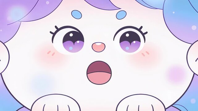 Cute animated character smiling with open mouth then widening eyes in surprise. Joyful cartoon face sequence showing happy to excited emotions in kawaii style.