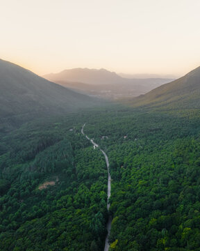 Aerial view of the winding road through the dense green forest of Mount Terminio in a mountain valley Sala, Campania, Italy.