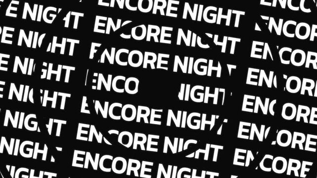 Rotating circular text animation displaying encore night phrase arranged in concentric motion with central empty space for overlay content.