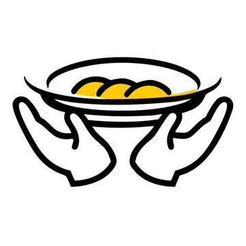 Two hands holding plate with yellow dumplings or buns showing hospitality and food service icon
