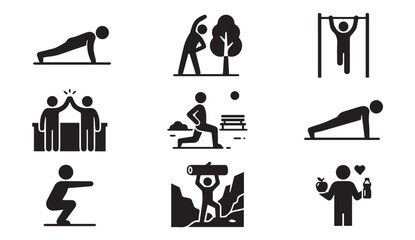 Fitness and workout exercise icons set featuring stick figure people training © MstMili