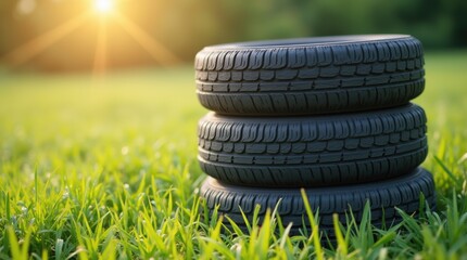 Obraz premium Four summer tires neatly stacked outdoors sunny day green grass background ready for season change 