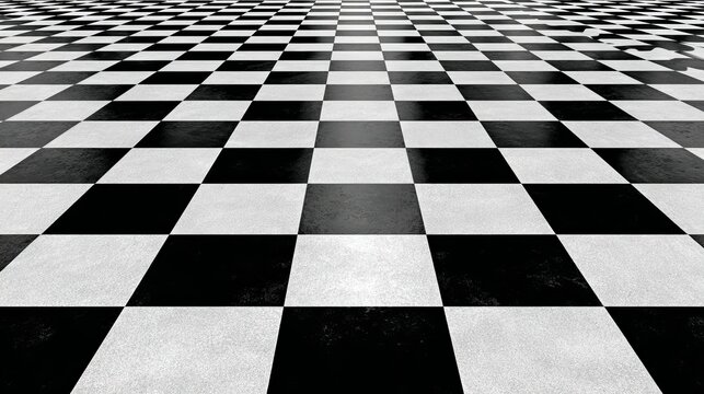 A black and white checkered floor stretches out to the horizon in a seamless pattern
