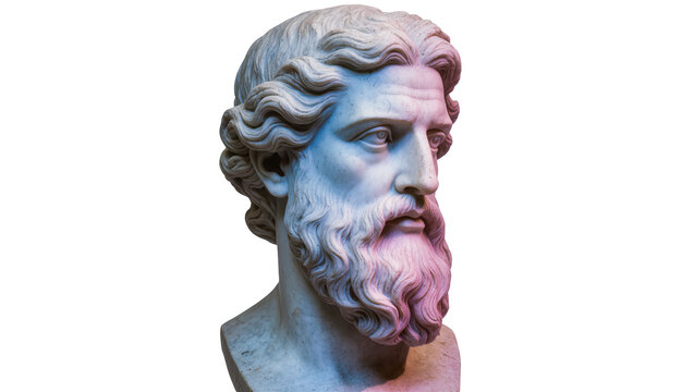Vibrant neon classical marble bust, isolated on transparent background