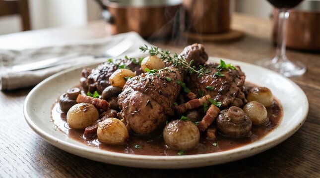 rustic French coq au vin featuring tender chicken, pearl onions, and mushrooms in a rich red wine sauce.