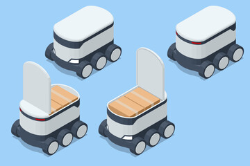 Isometric autonomous delivery robot shown in closed and open states with parcel inside. Futuristic urban courier vehicle concept highlights last mile transport, smart logistic and contactless shipment