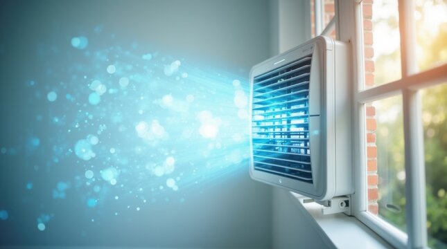 Split air conditioner indoor unit blowing cold air stream blue effect bright sunny room window summer heat outside

