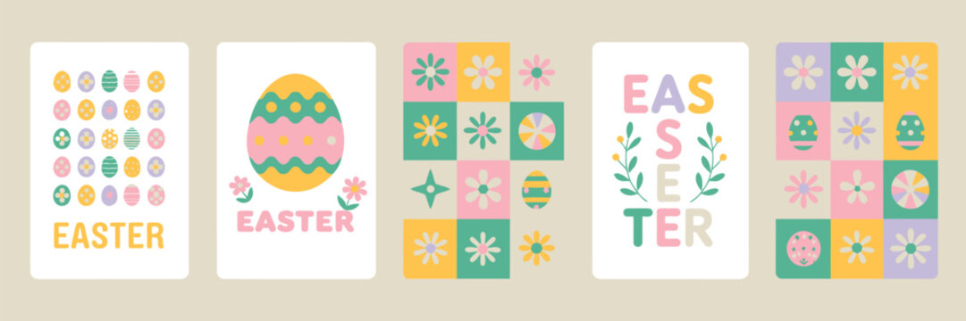 Set of five illustrated Easter greeting cards with colorful patterns and eggs