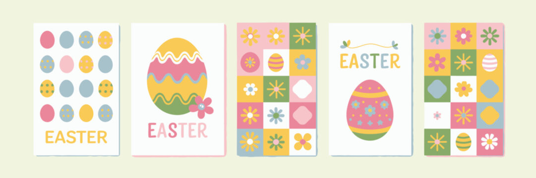 Five colorful Easter greeting card with eggs and bunnies