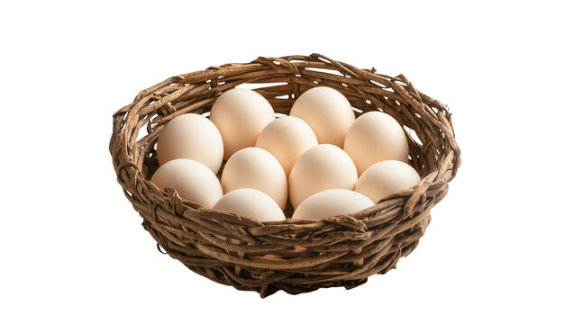 Wicker basket of natural brown chicken eggs, isolated on transparent background
