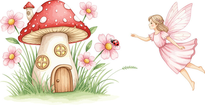 A vector illustration of a smiling fairy tale princess in a summer garden meadow featuring a cartoon castle, flowers, and a fairy child playing in the grass