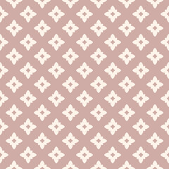Fototapeta premium Simple floral minimal geometric seamless pattern. Cute vector geometric texture with small flower silhouettes. Retro vintage mid-century style background. Muted pink color ornament. Repeated design
