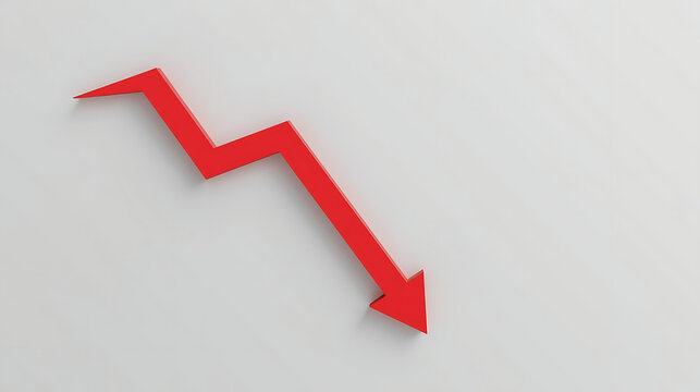 Red Downward Pointing Arrow Symbolizing Financial Loss and Economic Decline Isolated on White Background