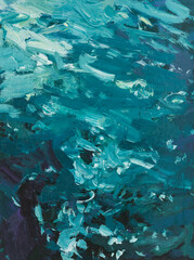 Obraz premium Abstract sea acrylic painting. Beautiful turquoise-blue background for the design. An artistic hand-drawn postcard. Contemporary art. A vivid illustration of the concept of recreation. Seashore depth