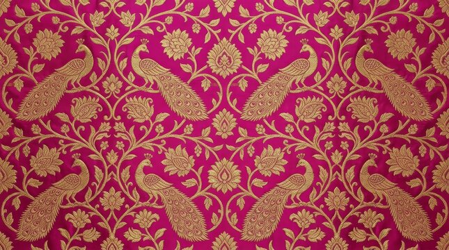 Seamless Pattern of Majestic Magenta and Gold Banarasi Silk Brocade