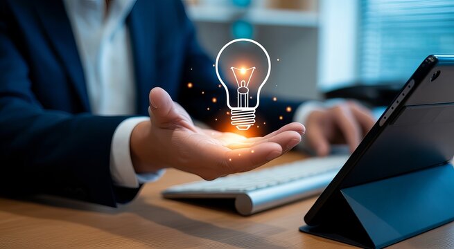 Hand holding glowing light bulb with digital tablet and keyboard