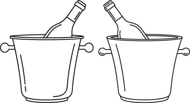 A black and white line drawing illustrating two wine bottles chilling in separate ice buckets