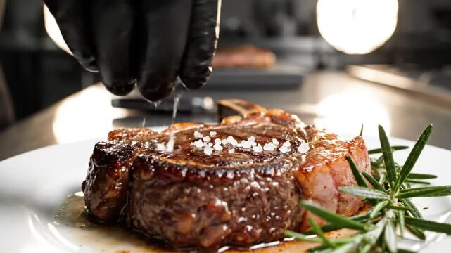 Chef plating a delicious grilled steak with fresh rosemary and sea salt in a professional kitchen