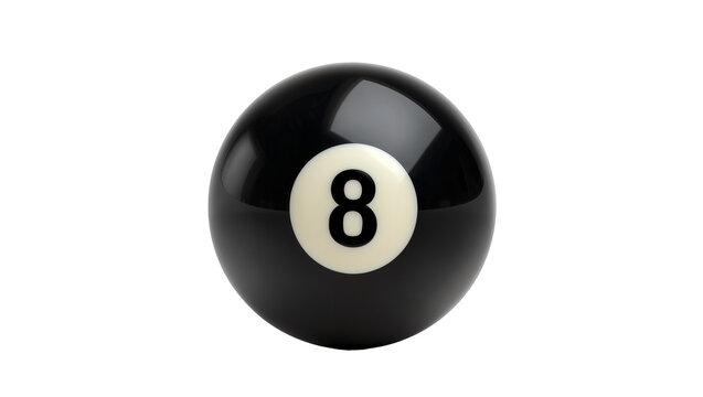 Shiny black eight ball with a white number 8, isolated on transparent background