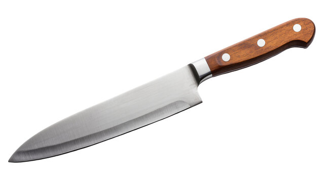 Steel chef s knife brown wooden handle, isolated on transparent background