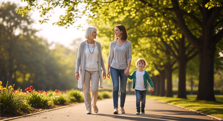 Obraz premium Three generations of a family walking in the park. Grandmother, mother, and son enjoying a sunny day outdoors. Multi-generation family lifestyle and togetherness