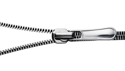 Silver metal zipper slider opening black fabric, isolated on transparent background © Dan