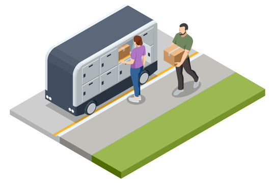 Isometric parcel locker van parked at curb while customers collect shipment. Urban last mile delivery shows contactless pickup, smart mobile station, secure box access and modern ecommerce service.