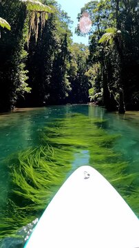 Serene Paddleboarding Adventure through a crystal clear tropical river surrounded by lush jungle greenery ideal for travel vlogs and nature documentaries. Vertical. Video. Portrait Orientation.