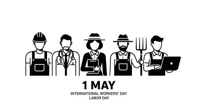 1 may, may day, Labor day icons representing international workers, diverse professions doctor businesswoman farmer together, vector