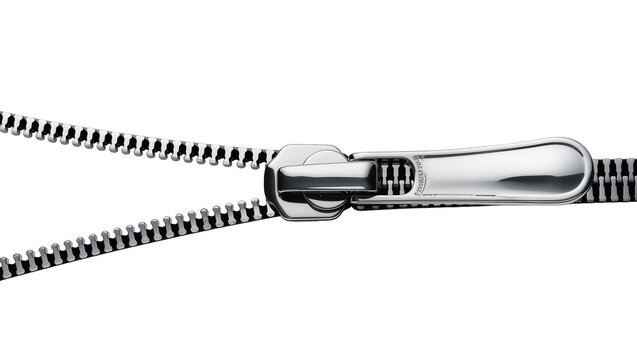 Silver metal zipper slider opening black fabric, isolated on transparent background