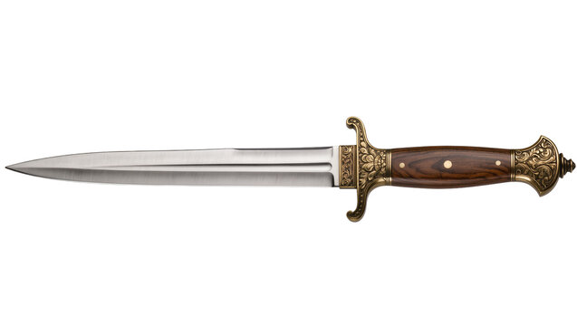 Ornate dagger with dark wood and brass, isolated on transparent background