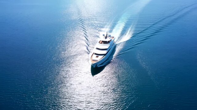 Aerial tracking shot of yacht cruising across open sea with sunlit reflections and trailing wake