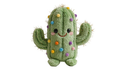 Green fluffy plush cactus with colorful pom-poms, isolated on transparent background © Dan