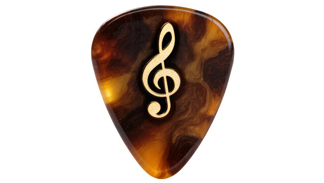Tortoiseshell pick with golden treble clef, isolated on transparent background
