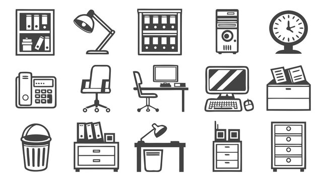 A set of office icons and clipart in a minimalist flat design style