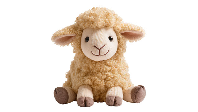 Beige fluffy curly wool plush sheep, sitting isolated on transparent background