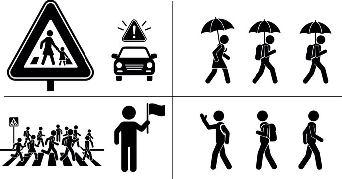 Set of Pedestrian and Traffic Icons with Walk, Crosswalk, Signal, Umbrella, and Flag Symbols for Road Safety and Traffic Management