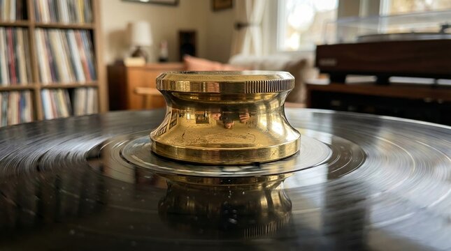 Detailed view of a record stabilizer on a rotating vinyl platter