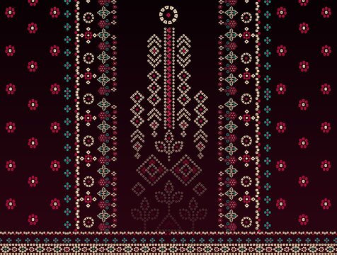 Dark floral chunri pattern with geometric accents, with a rich tapestry of traditional chunri motifs on a deep burgundy background, with a textile design with ethnic pattern